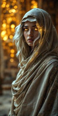 The primary subject of the image is a woman with blonde hair, wearing a white and gold robe. She is looking at the camera with a mysterious expression. The setting appears to be a room with a brick wall in the background. The visual style of the image is a combination of photo and digital art, creating a unique and intriguing atmosphere. The colors in the image are predominantly white and gold, which contribute to the overall mood of the scene.
